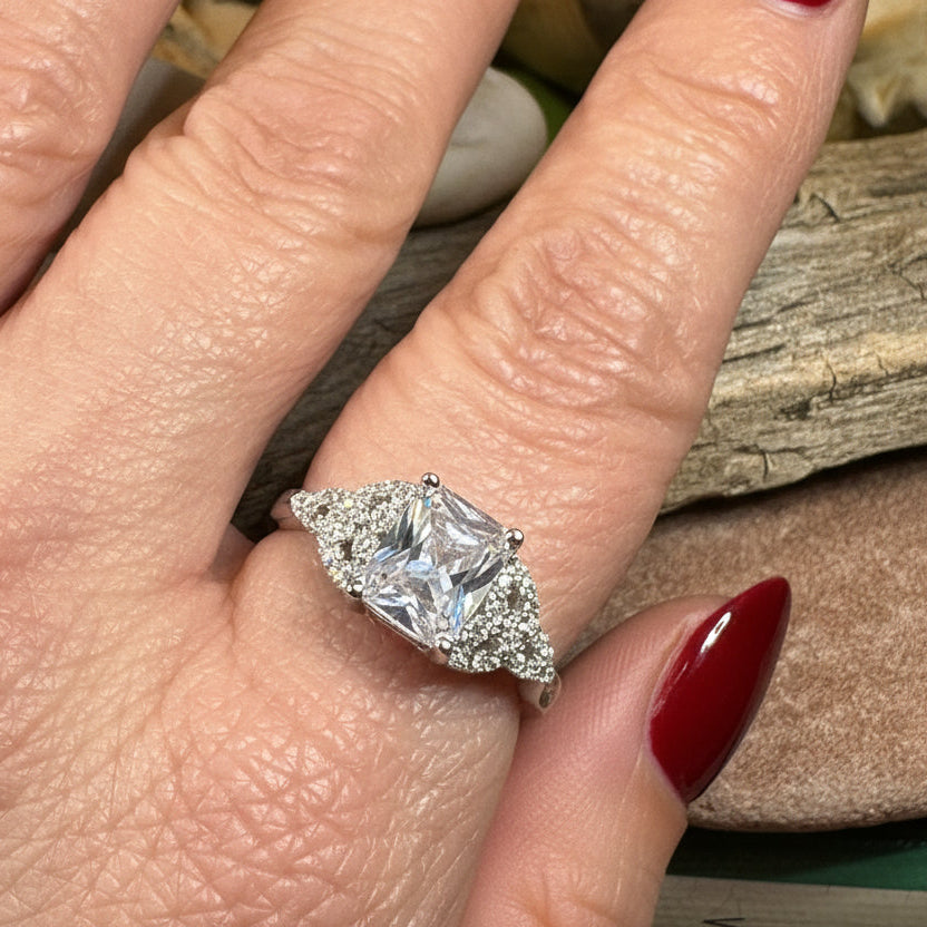 Celtic Engagement Ring, Diamond Promise Ring, Scotland Ring, Princess Cut Ring, Celtic Knot Jewelry, Anniversary Gift, Ladies Cocktail Ring