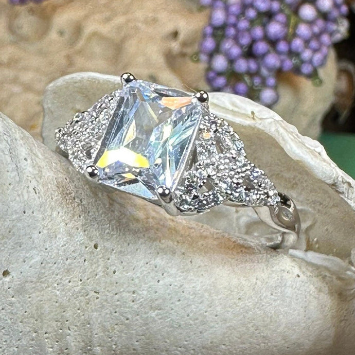 Celtic Engagement Ring, Diamond Promise Ring, Scotland Ring, Princess Cut Ring, Celtic Knot Jewelry, Anniversary Gift, Ladies Cocktail Ring