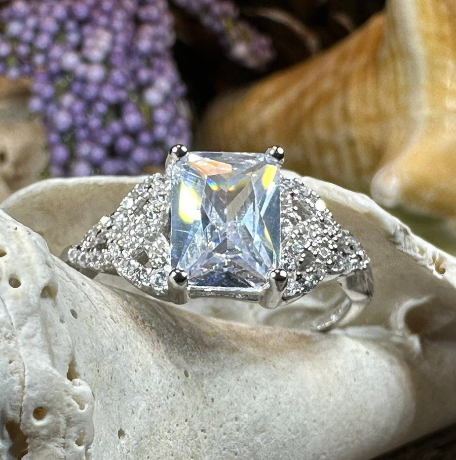 Celtic Engagement Ring, Diamond Promise Ring, Scotland Ring, Princess Cut Ring, Celtic Knot Jewelry, Anniversary Gift, Ladies Cocktail Ring