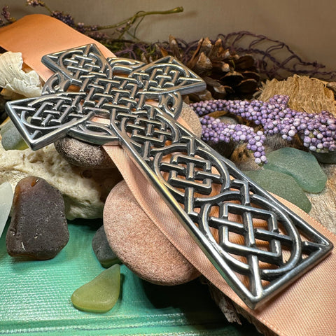 Load image into Gallery viewer, Celtic Cross Wall Decor, Ireland Gift, Pewter Celtic Cross, New Home Gift, Irish Cross Gift, Wedding Gift, Scottish Cross, Religious Prayer
