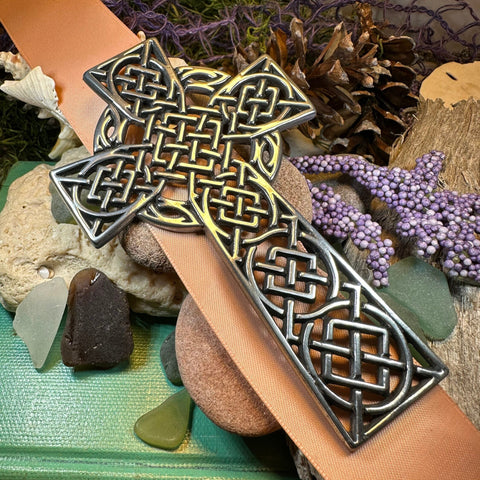 Load image into Gallery viewer, Celtic Cross Wall Decor, Ireland Gift, Pewter Celtic Cross, New Home Gift, Irish Cross Gift, Wedding Gift, Scottish Cross, Religious Prayer
