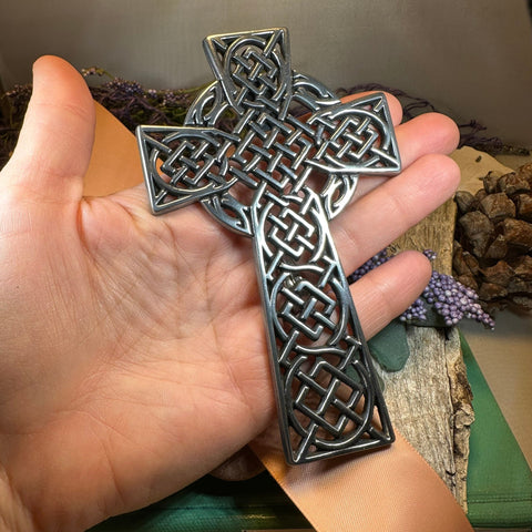 Load image into Gallery viewer, Celtic Cross Wall Decor, Ireland Gift, Pewter Celtic Cross, New Home Gift, Irish Cross Gift, Wedding Gift, Scottish Cross, Religious Prayer
