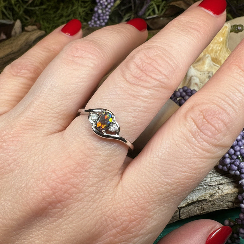 Black Fire Opal Ring, Celtic Ring, Irish Ring, Opal Jewelry, Ladies Promise Ring, Anniversary Gift, Scottish Red Ring, Boho Ring, Mom Gift