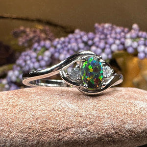 Black Fire Opal Ring, Celtic Ring, Irish Ring, Opal Jewelry, Ladies Promise Ring, Anniversary Gift, Scottish Red Ring, Boho Ring, Mom Gift