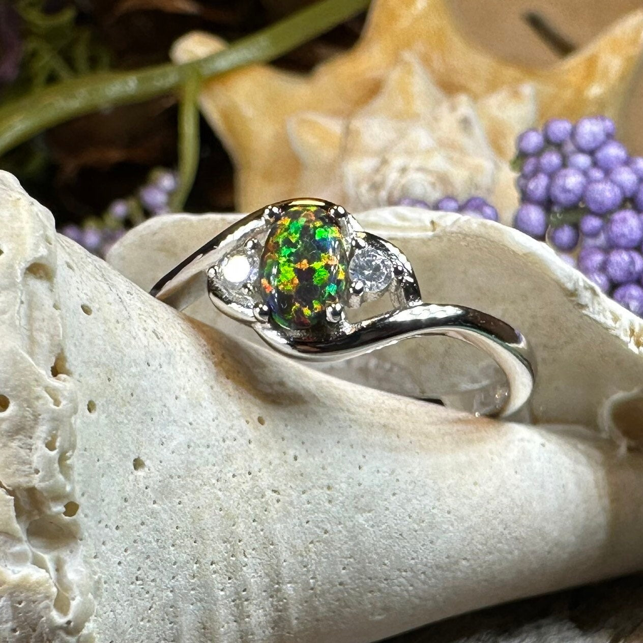 Black Fire Opal Ring, Celtic Ring, Irish Ring, Opal Jewelry, Ladies Promise Ring, Anniversary Gift, Scottish Red Ring, Boho Ring, Mom Gift