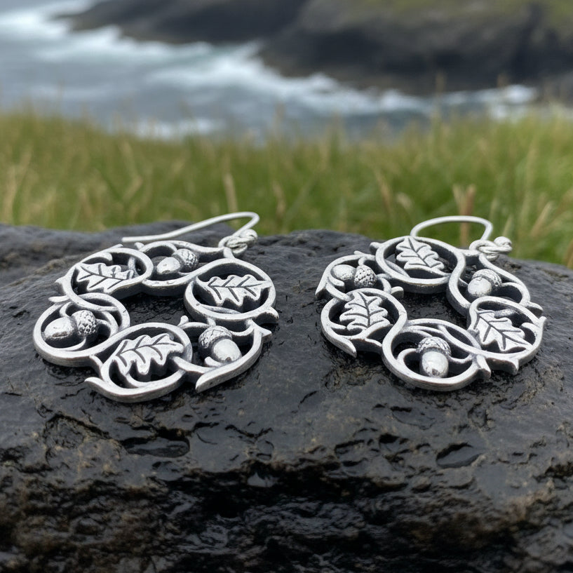 Sterling Silver Oak Leaf Wreath Earrings for Women — view 6