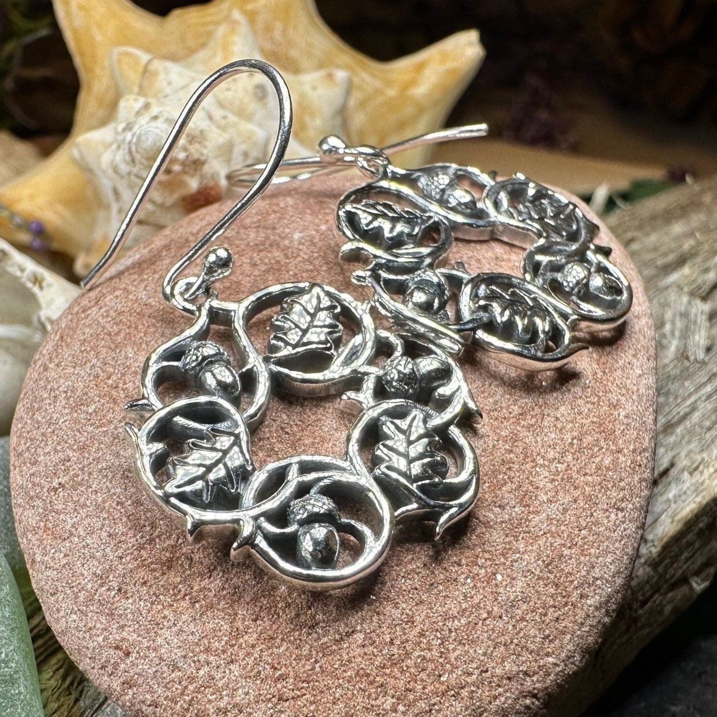 Sterling Silver Oak Leaf Wreath Earrings for Women — view 3