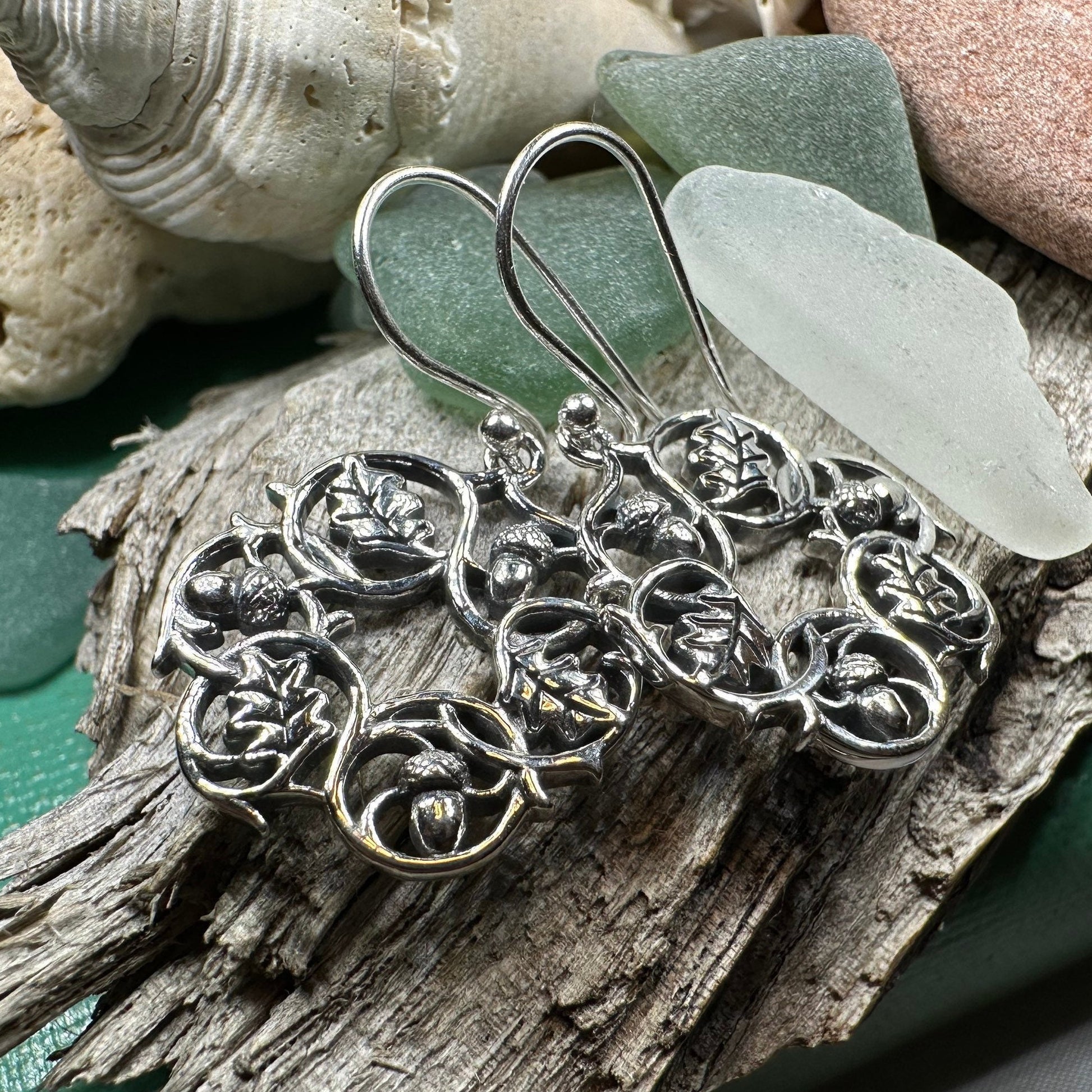 Sterling Silver Oak Leaf Wreath Earrings for Women — view 7
