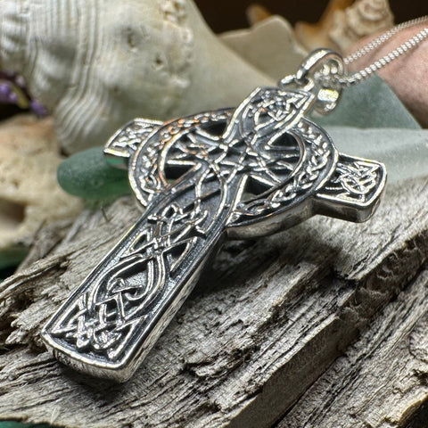 Load image into Gallery viewer, Irish Cross Necklace, Celtic Cross Pendant, Scotland Jewelry, Anniversary Gift, Communion Gift, Man's Religious Jewelry, Boys Silver Cross
