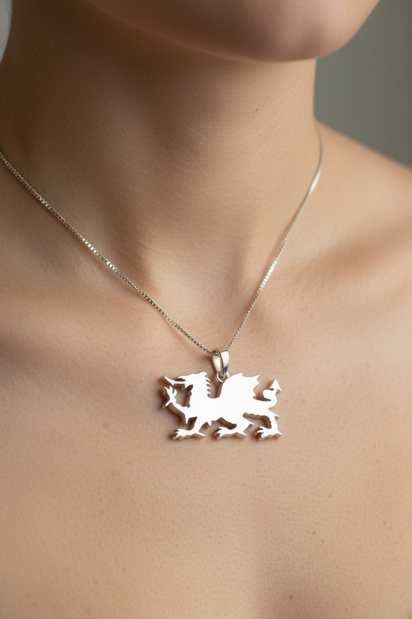 Welsh Dragon Necklace, Wales Pendant, Large Celtic Dragon, Celtic Jewelry, Silver Dragon, Pagan Jewelry, Wiccan Jewelry, Fantasy Jewelty