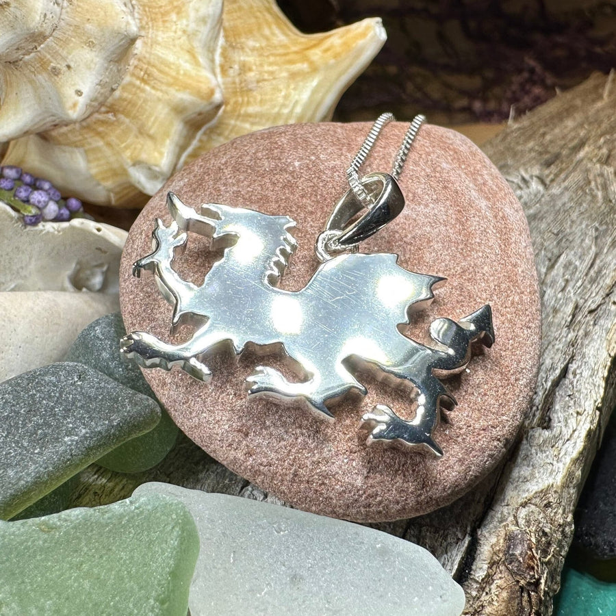 Welsh Dragon Necklace, Wales Pendant, Large Celtic Dragon, Celtic Jewelry, Silver Dragon, Pagan Jewelry, Wiccan Jewelry, Fantasy Jewelty