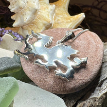 Load image into Gallery viewer, Welsh Dragon Necklace, Wales Pendant, Large Celtic Dragon, Celtic Jewelry, Silver Dragon, Pagan Jewelry, Wiccan Jewelry, Fantasy Jewelty
