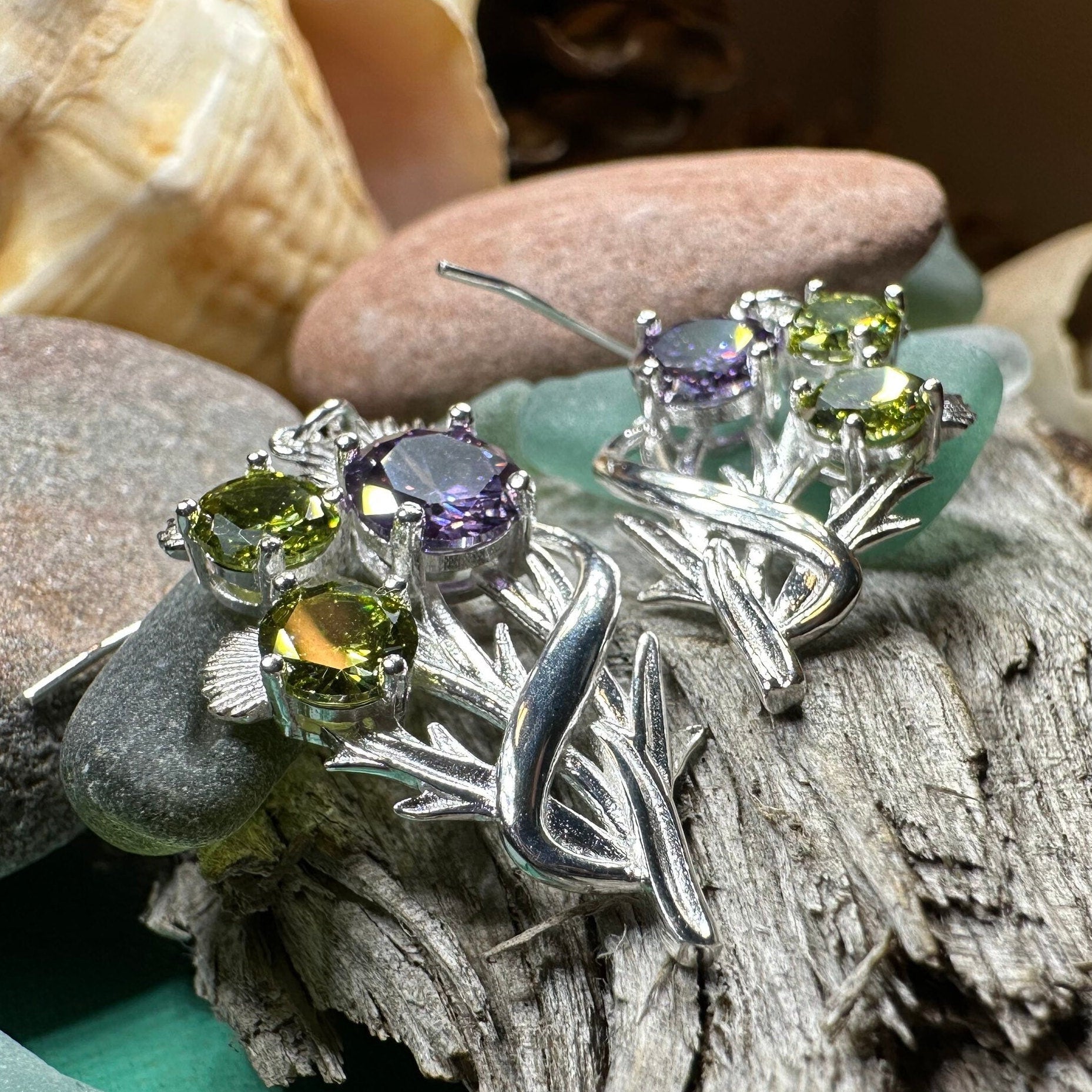 Thistle Earrings, Celtic Jewelry, Scotland Jewelry, Outlander Jewelry, Girlfriend Gift, Peridot Gift, Mom Gift, Nature Jewelry, Wife Gift
