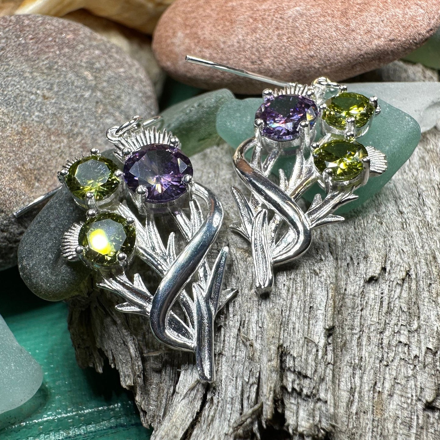 Thistle Earrings, Celtic Jewelry, Scotland Jewelry, Outlander Jewelry, Girlfriend Gift, Peridot Gift, Mom Gift, Nature Jewelry, Wife Gift