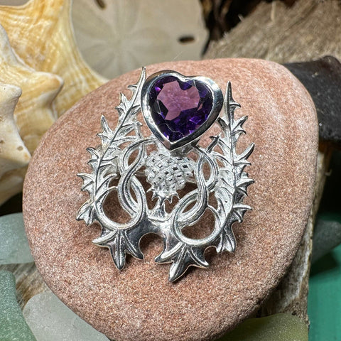 Load image into Gallery viewer, Thistle Brooch, Scotland Jewelry, Outlander Jewelry, Bridal Brooch, Thistle Jewelry, Scottish Jewelry, Celtic Brooch, Amethyst Silver Pin
