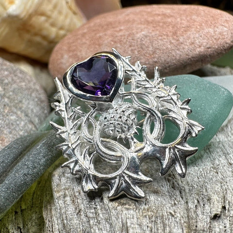 Load image into Gallery viewer, Thistle Brooch, Scotland Jewelry, Outlander Jewelry, Bridal Brooch, Thistle Jewelry, Scottish Jewelry, Celtic Brooch, Amethyst Silver Pin
