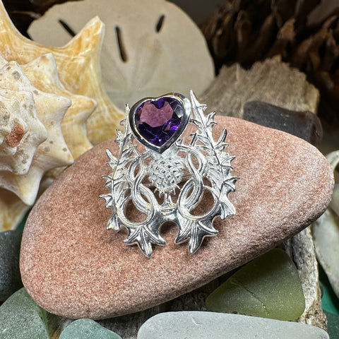 Load image into Gallery viewer, Thistle Brooch, Scotland Jewelry, Outlander Jewelry, Bridal Brooch, Thistle Jewelry, Scottish Jewelry, Celtic Brooch, Amethyst Silver Pin
