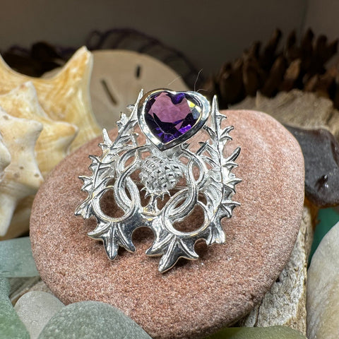 Load image into Gallery viewer, Thistle Brooch, Scotland Jewelry, Outlander Jewelry, Bridal Brooch, Thistle Jewelry, Scottish Jewelry, Celtic Brooch, Amethyst Silver Pin

