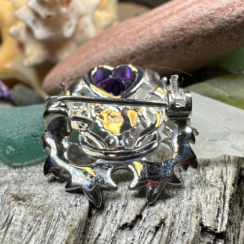 Load image into Gallery viewer, Thistle Brooch, Scotland Jewelry, Outlander Jewelry, Bridal Brooch, Thistle Jewelry, Scottish Jewelry, Celtic Brooch, Amethyst Silver Pin
