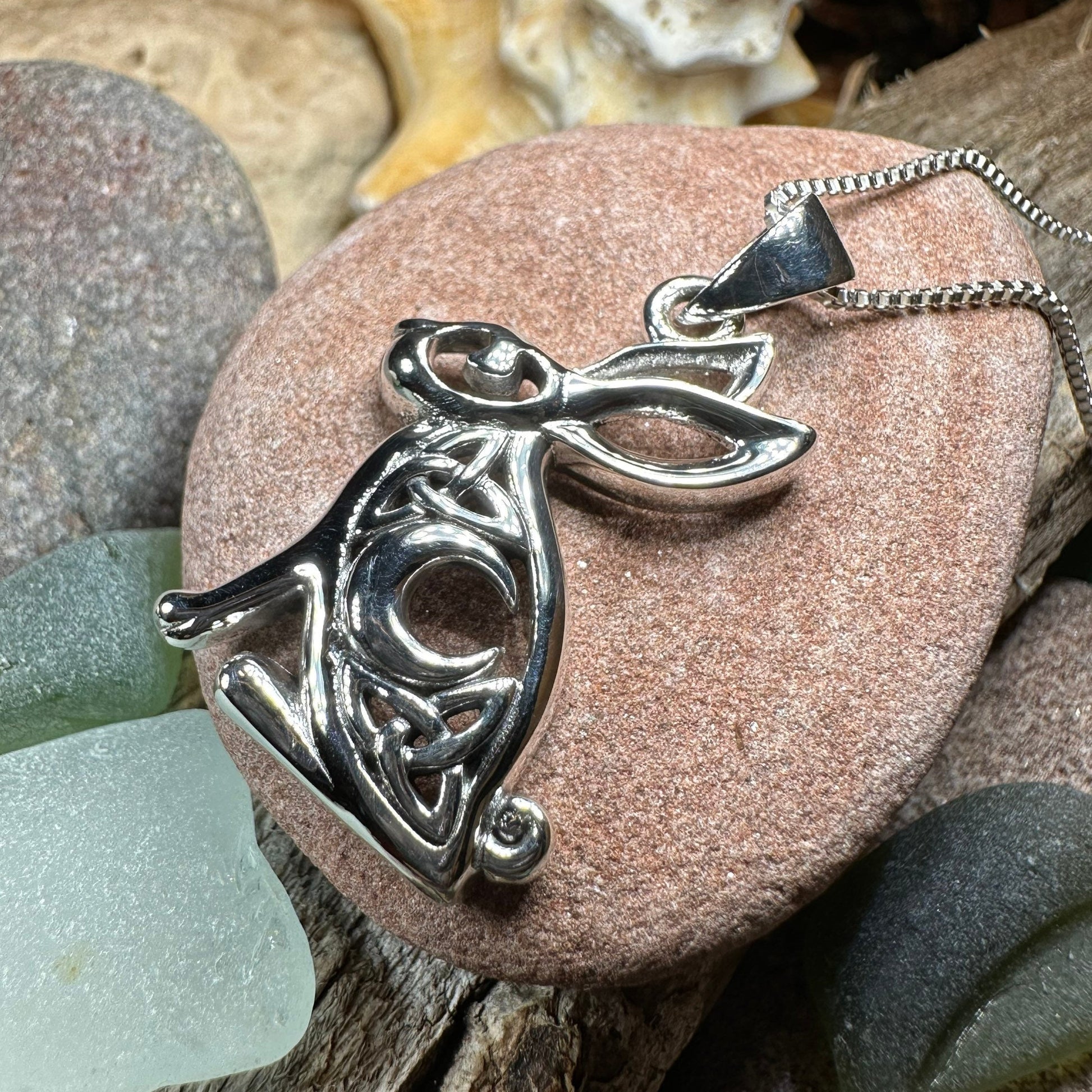 Rabbit Necklace, Crescent Moon Pendant, Celestial Jewelry, Mystical Jewelry, Moonstone Jewelry, Celtic Pendant, Silver Pendant, Irish Gift