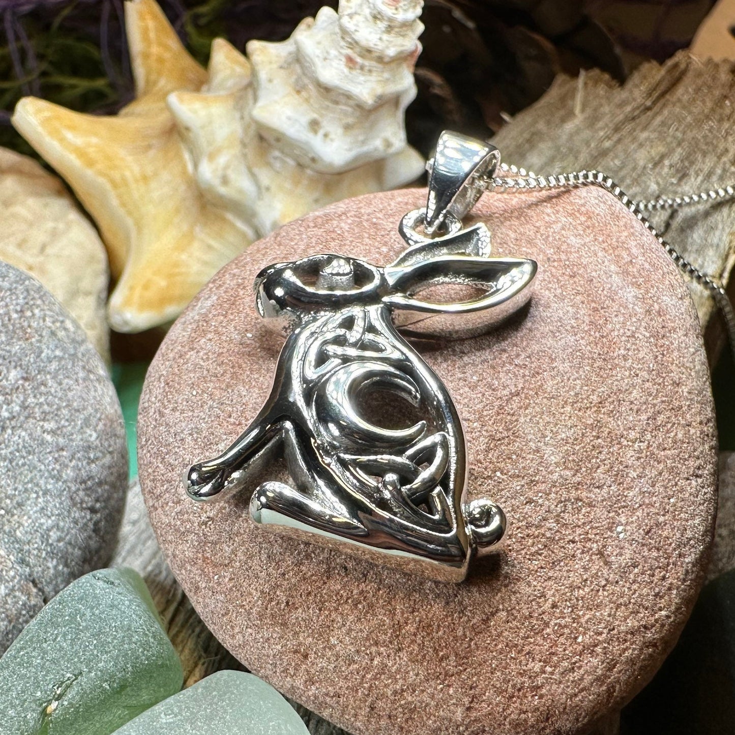 Rabbit Necklace, Crescent Moon Pendant, Celestial Jewelry, Mystical Jewelry, Moonstone Jewelry, Celtic Pendant, Silver Pendant, Irish Gift