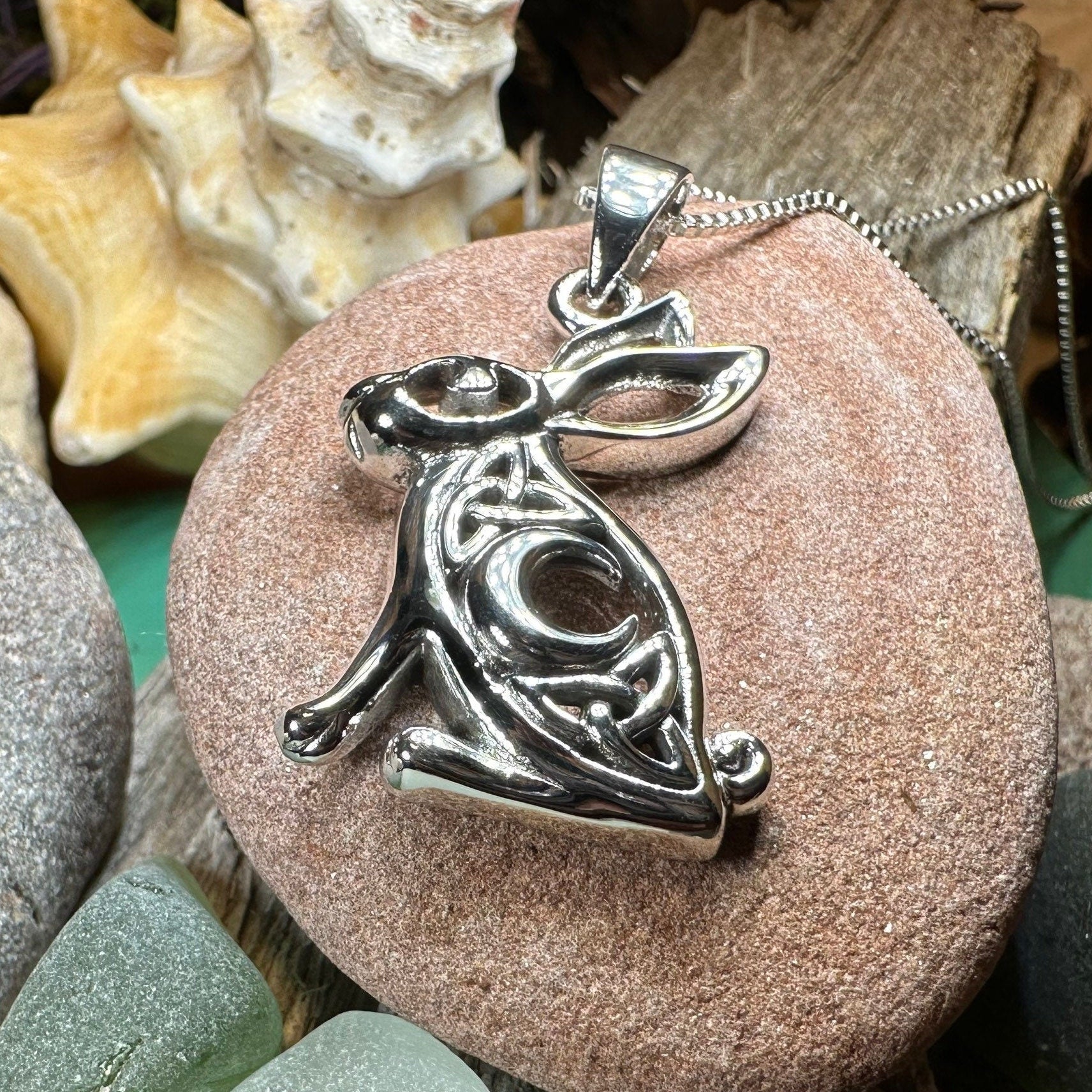 Rabbit Necklace, Crescent Moon Pendant, Celestial Jewelry, Mystical Jewelry, Moonstone Jewelry, Celtic Pendant, Silver Pendant, Irish Gift