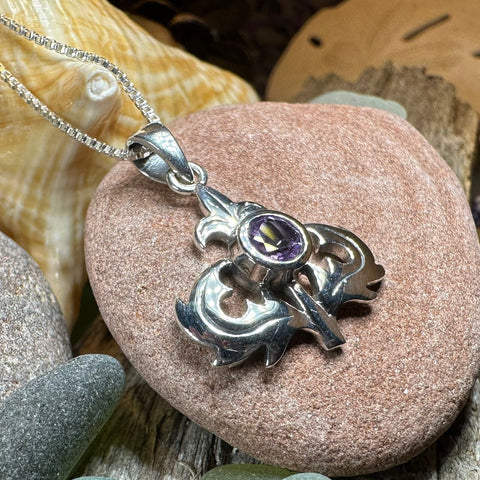 Load image into Gallery viewer, Thistle Necklace, Scotland Jewelry, Amethyst Pendant, Celtic Jewelry, Sister Gift, Mom Gift, Wife Gift, Anniversary Gift, Scotland Gift
