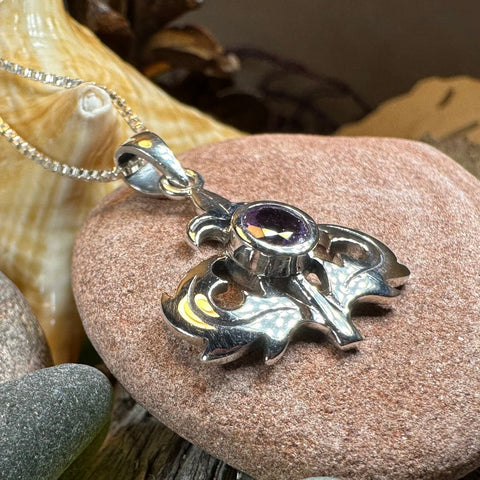 Load image into Gallery viewer, Thistle Necklace, Scotland Jewelry, Amethyst Pendant, Celtic Jewelry, Sister Gift, Mom Gift, Wife Gift, Anniversary Gift, Scotland Gift
