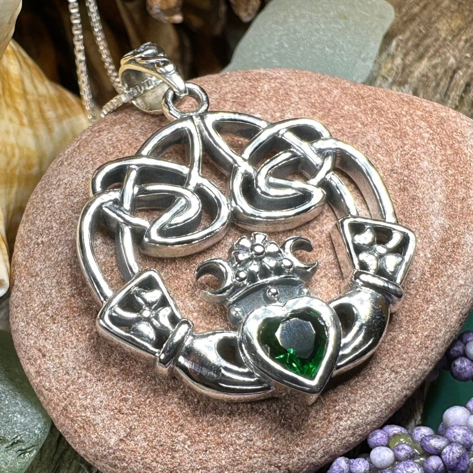 Claddagh Necklace, Irish Jewelry, Emerald Heart Pendant, Anniversary Gift, Graduation Gift, Birthday Gift, Friendship Gift, May Birthstone
