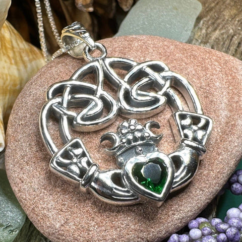 Load image into Gallery viewer, Claddagh Necklace, Irish Jewelry, Emerald Heart Pendant, Anniversary Gift, Graduation Gift, Birthday Gift, Friendship Gift, May Birthstone
