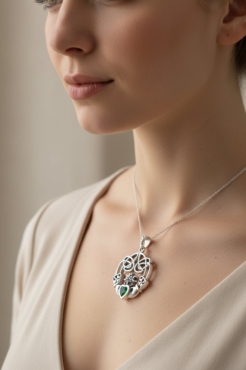 Claddagh Necklace, Irish Jewelry, Emerald Heart Pendant, Anniversary Gift, Graduation Gift, Birthday Gift, Friendship Gift, May Birthstone