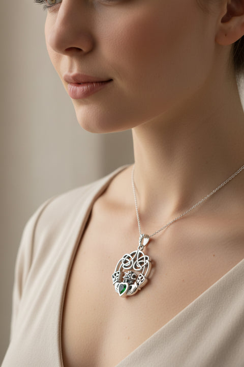 Load image into Gallery viewer, Claddagh Necklace, Irish Jewelry, Emerald Heart Pendant, Anniversary Gift, Graduation Gift, Birthday Gift, Friendship Gift, May Birthstone
