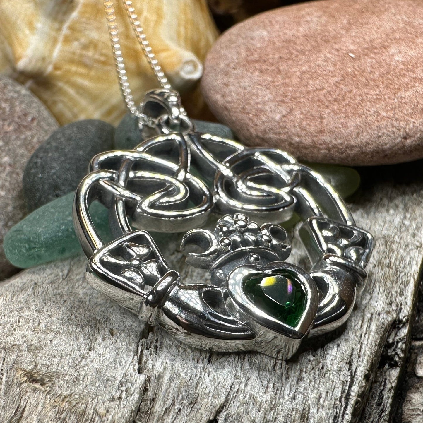 Claddagh Necklace, Irish Jewelry, Emerald Heart Pendant, Anniversary Gift, Graduation Gift, Birthday Gift, Friendship Gift, May Birthstone