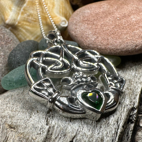 Load image into Gallery viewer, Claddagh Necklace, Irish Jewelry, Emerald Heart Pendant, Anniversary Gift, Graduation Gift, Birthday Gift, Friendship Gift, May Birthstone
