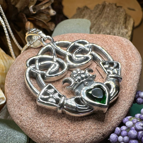 Load image into Gallery viewer, Claddagh Necklace, Irish Jewelry, Emerald Heart Pendant, Anniversary Gift, Graduation Gift, Birthday Gift, Friendship Gift, May Birthstone
