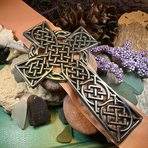 Load image into Gallery viewer, Celtic Cross Wall Decor, Ireland Gift, Pewter Celtic Cross, New Home Gift, Irish Cross Gift, Wedding Gift, Scottish Cross, Religious Prayer
