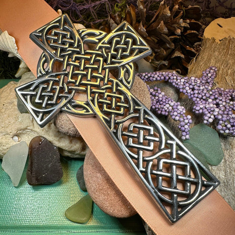 Load image into Gallery viewer, Celtic Cross Wall Decor, Ireland Gift, Pewter Celtic Cross, New Home Gift, Irish Cross Gift, Wedding Gift, Scottish Cross, Religious Prayer
