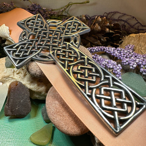 Load image into Gallery viewer, Celtic Cross Wall Decor, Ireland Gift, Pewter Celtic Cross, New Home Gift, Irish Cross Gift, Wedding Gift, Scottish Cross, Religious Prayer
