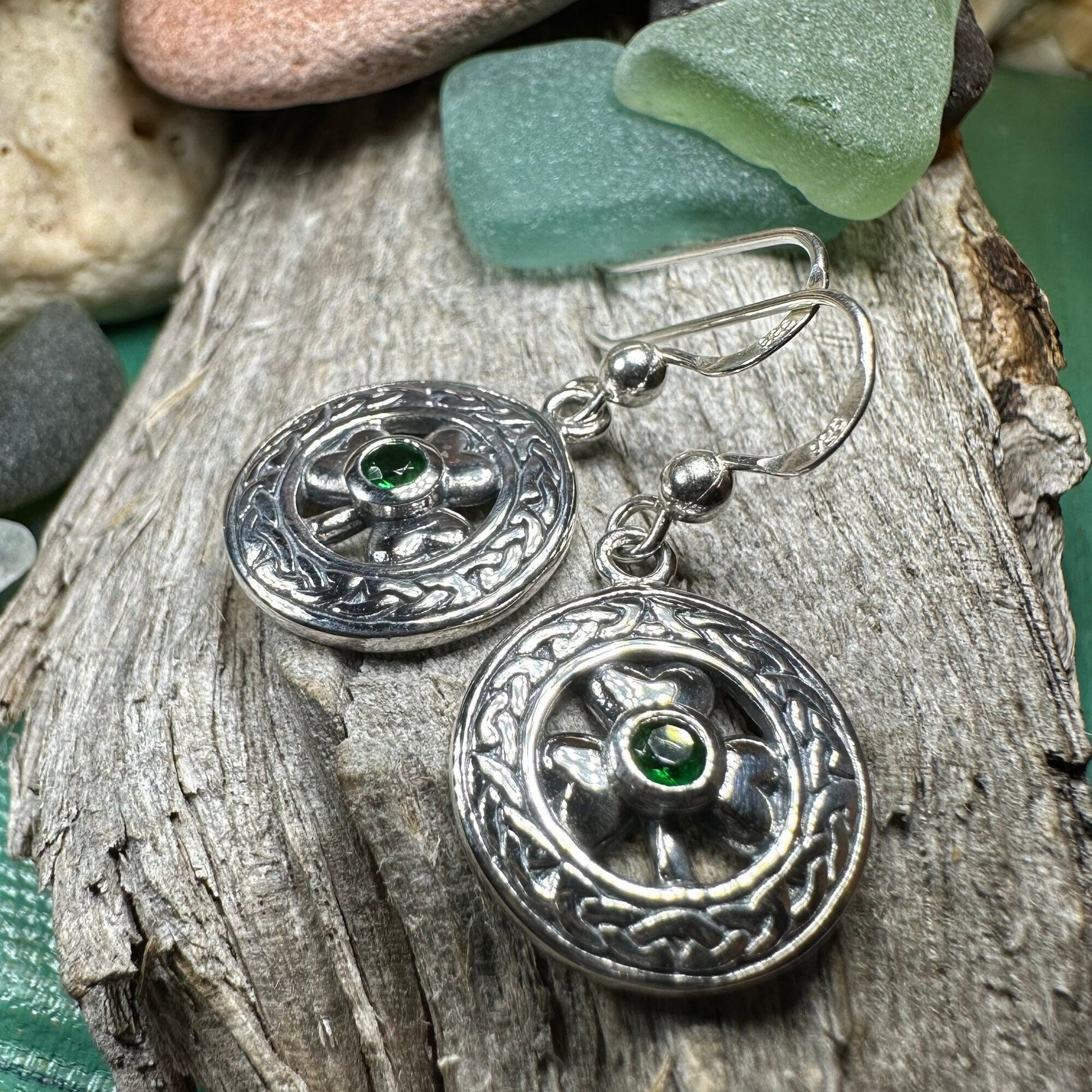 Emerald Shamrock Earrings, Celtic Jewelry, Irish Jewelry, Clover Jewelry, Ireland Gift, Anniversary Gift, Wife Gift, Girlfriend Gift