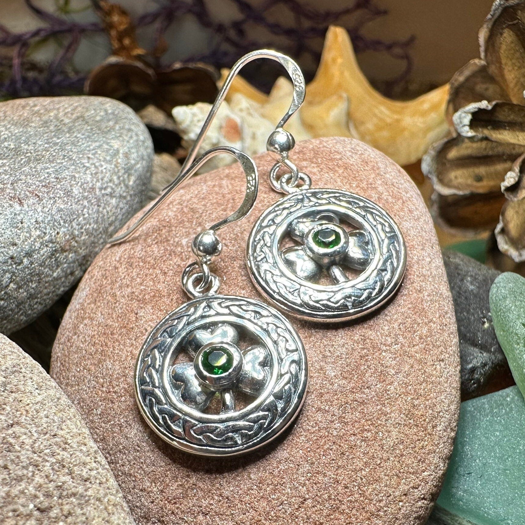 Emerald Shamrock Earrings, Celtic Jewelry, Irish Jewelry, Clover Jewelry, Ireland Gift, Anniversary Gift, Wife Gift, Girlfriend Gift