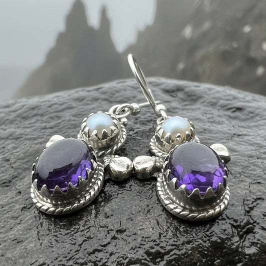 Amethyst Pearl Earrings, Celtic Jewelry, Dangle Earrings, Goddess Jewelry, Boho Gift, Anniversary Gift, Silver Mom Gift, Purple Jewelry