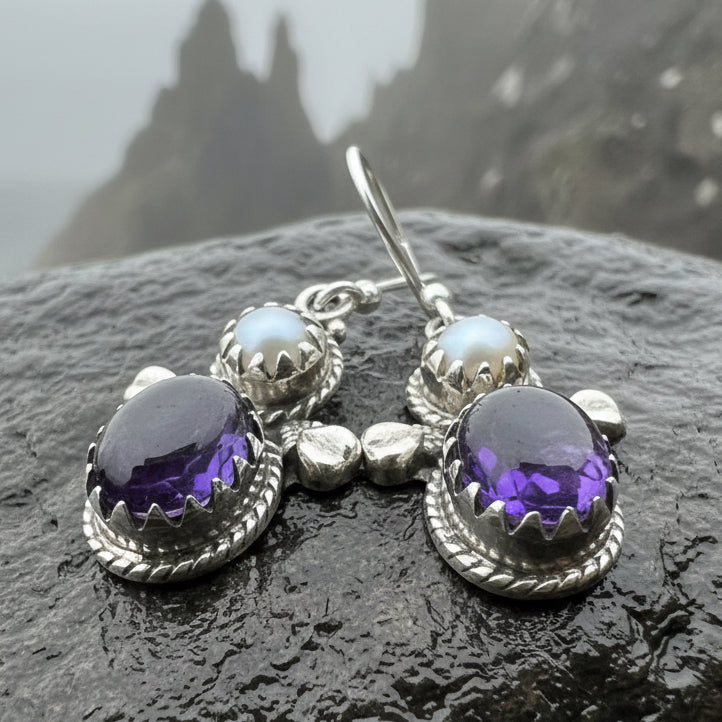 Amethyst Pearl Earrings, Celtic Jewelry, Dangle Earrings, Goddess Jewelry, Boho Gift, Anniversary Gift, Silver Mom Gift, Purple Jewelry
