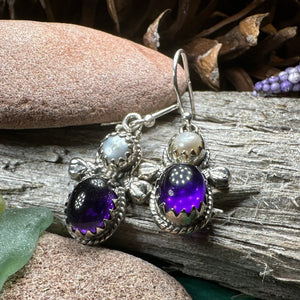 Amethyst Pearl Earrings, Celtic Jewelry, Dangle Earrings, Goddess Jewelry, Boho Gift, Anniversary Gift, Silver Mom Gift, Purple Jewelry