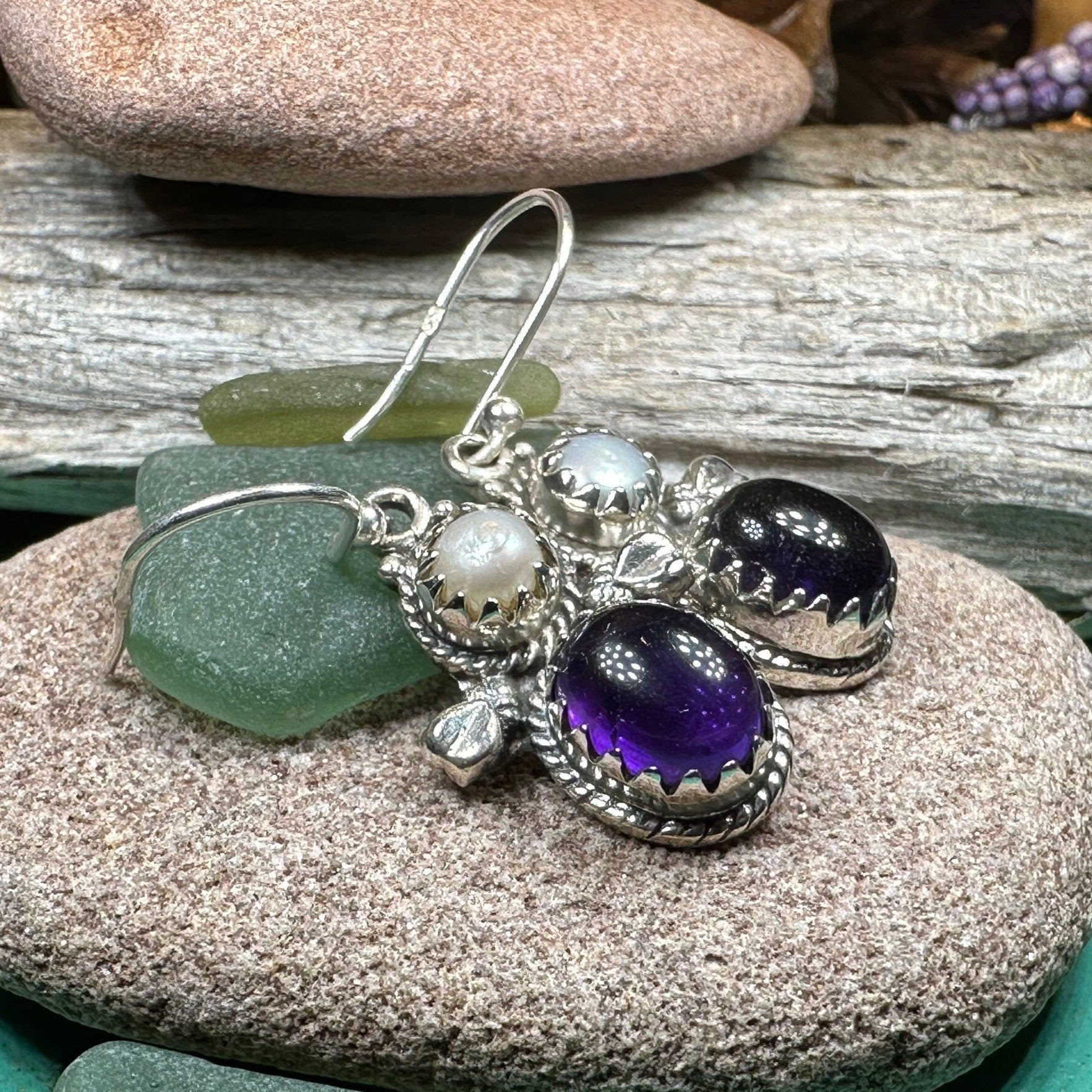 Amethyst Pearl Earrings, Celtic Jewelry, Dangle Earrings, Goddess Jewelry, Boho Gift, Anniversary Gift, Silver Mom Gift, Purple Jewelry