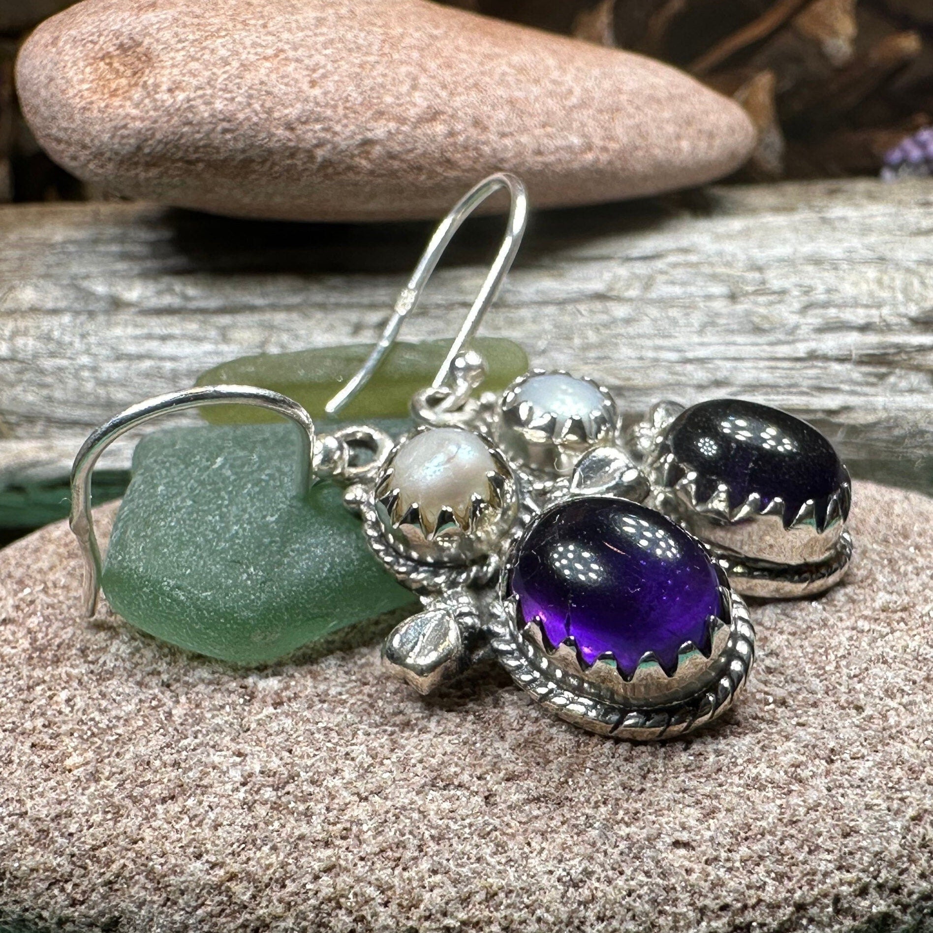 Amethyst Pearl Earrings, Celtic Jewelry, Dangle Earrings, Goddess Jewelry, Boho Gift, Anniversary Gift, Silver Mom Gift, Purple Jewelry