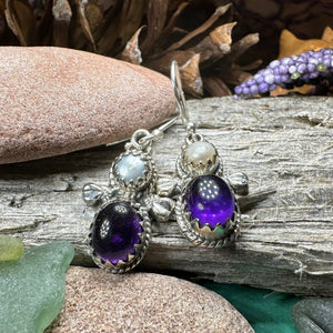 Amethyst Pearl Earrings, Celtic Jewelry, Dangle Earrings, Goddess Jewelry, Boho Gift, Anniversary Gift, Silver Mom Gift, Purple Jewelry