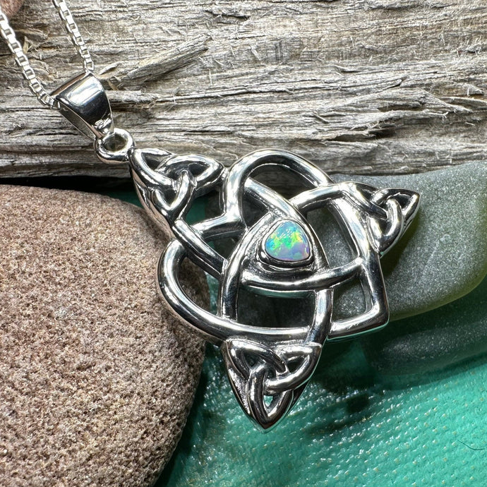 Mother's Knot Necklace, Celtic Knot Pendant, Irish Jewelry, Mom Gift, Celtic Heart Pendant, Ireland Gift, Mother & Child Jewelry, White Opal