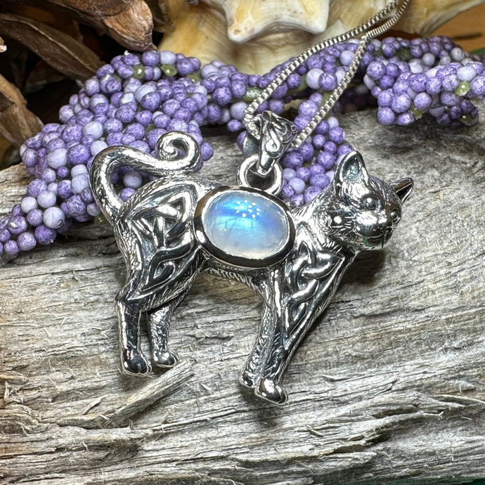 Cat Necklace, Celtic Jewelry, Moonstone Jewelry, Cat Lover Gift, Cat Mom Gift, Anniversary Gift, Animal Necklace, Nature Necklace