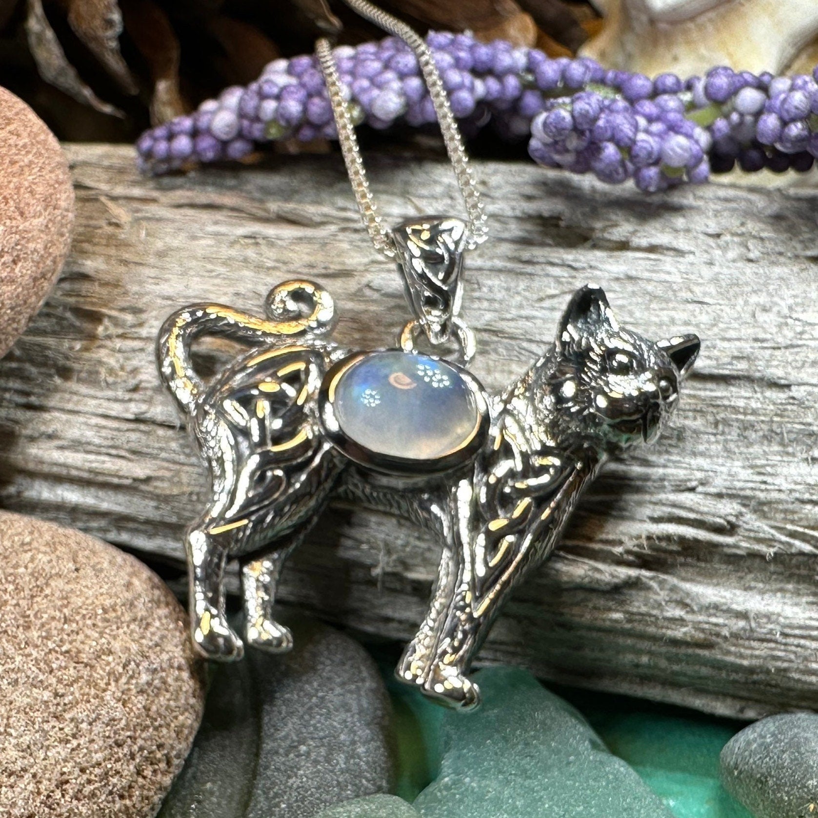 Cat Necklace, Celtic Jewelry, Moonstone Jewelry, Cat Lover Gift, Cat Mom Gift, Anniversary Gift, Animal Necklace, Nature Necklace