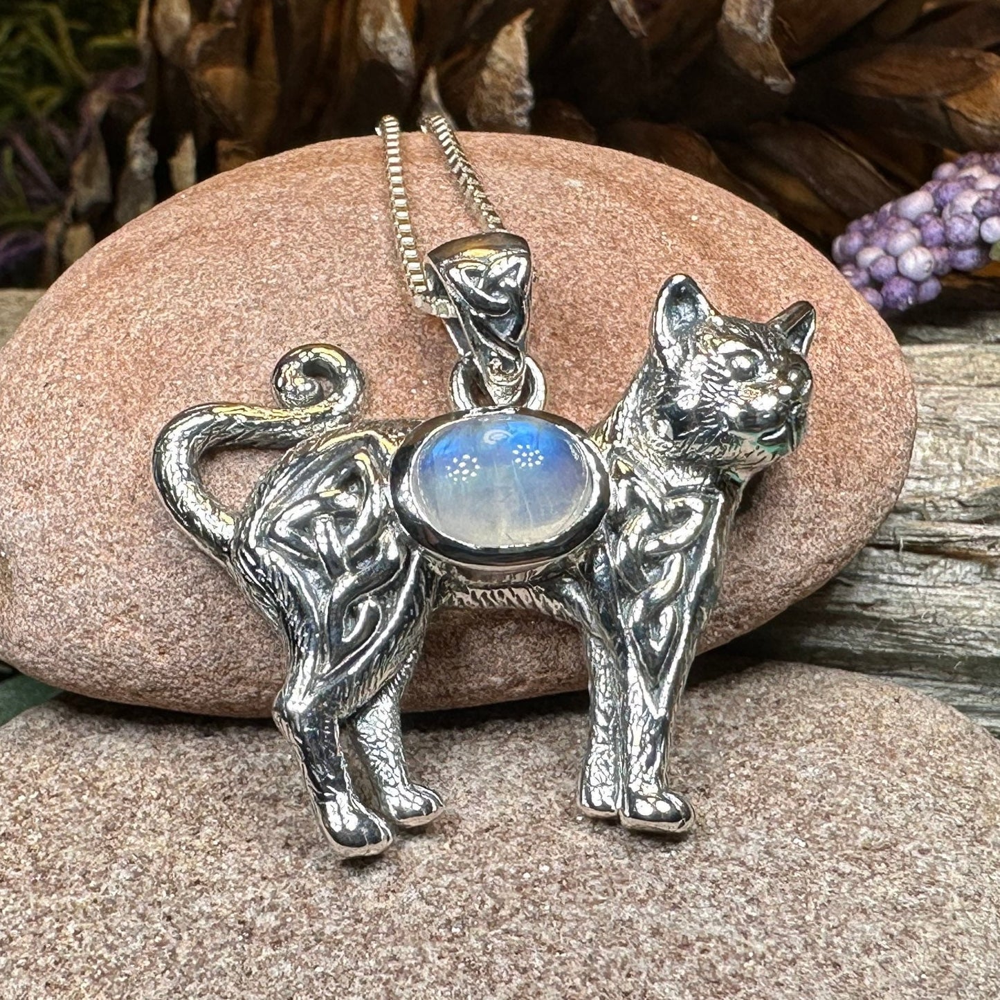 Cat Necklace, Celtic Jewelry, Moonstone Jewelry, Cat Lover Gift, Cat Mom Gift, Anniversary Gift, Animal Necklace, Nature Necklace